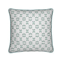 Green and white cotton linen cushion with green piping and an elegant pattern on the cushion front.