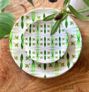 Gumleaf green dinner bone China plates. green on white leafy patterns.