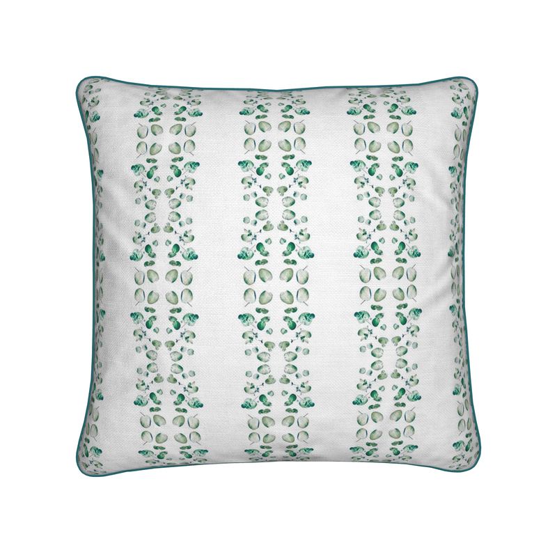 Green and white Gumleaf green cotton linen cushion. 