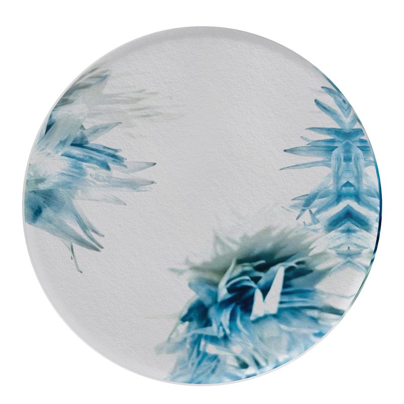 Evon Blue Round Pouffe, a stunning addition to any luxurious lounge or bedroom. Blue and white elegant ottoman. (top view)