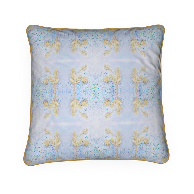 Sola Flower inspired Blue and white pattern, adorned with splashes of Blue and yellow. . Lux Soft Velvet ( Front View)