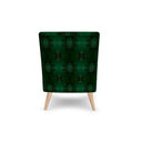 Emerald Green occasional chair. Its bold green forest hue and striking pattern add a playful yet sophisticated touch to any room, exuding opulence and charm. Backview.