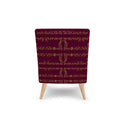 Burgundy occasional chair. The playful yet sophisticated design features a green and pink floral vine. Backview.