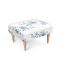 Evon blue Hibiscus footstool. Handmade with 100% poly velour, durable, Beech wood frame &amp; legs, 38 cm in height. front view.