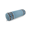A cylindrical lumbar support pillow in light blue fabric, featuring a black, white, and blue geometric patterned border on both ends, shown on a plain white background.