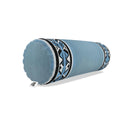 A light blue cylindrical bolster pillow with a black, white, and blue geometric patterned band , shown on a white background.