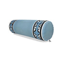 A light blue cylindrical bolster pillow with black, white, and blue geometric tribal patterns on the ends, shown on a white background.