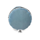 A cylindrical bolster cushion side view in a dusty light blue color with a scalloped edge, featuring a small white tag that reads 'ZUE FOLK HOME' at the bottom. The product is photographed on a clean white background.