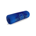 A blue cylindrical bolster pillow with a light blue floral pattern, shown on a plain white background.