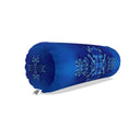 A cylindrical blue bolster pillow with a light blue snowflake pattern, shown on a plain white background with a soft shadow.
