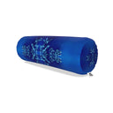 A blue cylindrical bolster pillow with a light blue snowflake pattern, shown on a plain white background with a label visible at the bottom right.