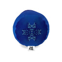 Cobalt blue cylinder bolster cushion side view with a scalloped edge and a light blue snowflake design in the center, featuring a white 'Zue Folk' brand tag at the bottom.