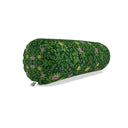 A cylindrical bolster pillow with a green botanical and floral pattern, featuring small pink, yellow, and purple flowers with green leaves. A small white fabric tag with the brand name 'ZueFolk Home' is visible at the lower left edge of the pillow, set against a plain white background with a soft shadow.