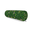 A cylindrical bolster pillow with a green floral and botanical print, featuring pink, yellow, and white flowers with green leaves, shown on a plain white background.