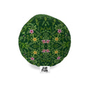 A round cylindrical bolster cushion side view with a green botanical and floral pattern, featuring pink and yellow flowers, with a white label at the bottom reading 'zuefolk home'.