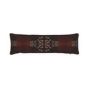 A long rectangular lumbar pillow in dark brown with a and beige damask pattern and matching side motifs, shown against a plain white background.