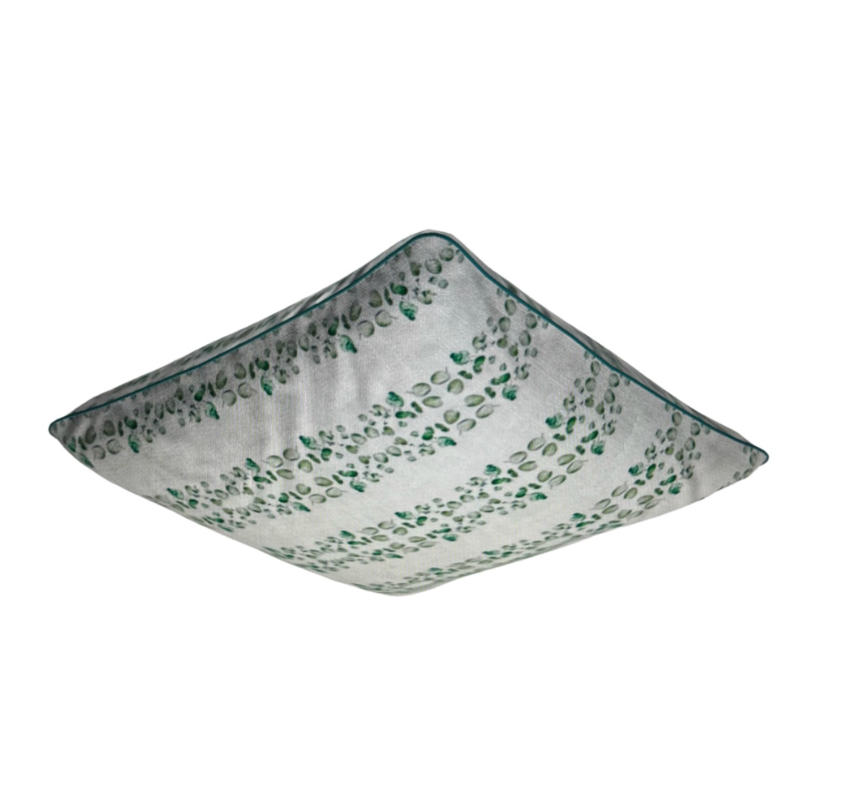 Green and white Gumleaf green cotton linen cushion. With green piping. Side view.