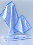 Blue Evon towel set. blue and white, face, hand and strip bath towels. microfibre and towelling blend.