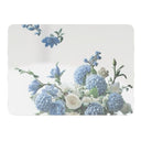 Blue and white hydrangea placemat, high gloss finish wooden base.