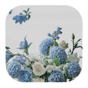 Blue and white hydrangea coaster, high gloss finish, wooden base.