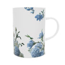 Blue and white hydrangea coffee mug sideview.