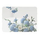Blue and white hydrangea placemat, high gloss finish wooden base.