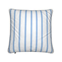 Blue and white striped velvet shimmer cushion. Back view.
