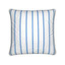 Blue and white striped velvet shimmer cushion. front view.