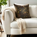 Chocolate brown and gold velvet cushion. Chocolate velvet shimmer adorned gold with a leafy rose stem pattern. 