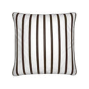 Chocolate brown and white striped velvet shimmer cushion. front view.