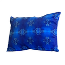A rectangular cobalt blue velvet cushion featuring a repeating light blue snowflake or floral pattern, shown against a plain white background.