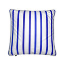 Cobalt blue and white stripes velvet shimmer cushion. back view.