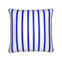 Cobalt Blue and white stripes velvet shimmer cushion. front view.