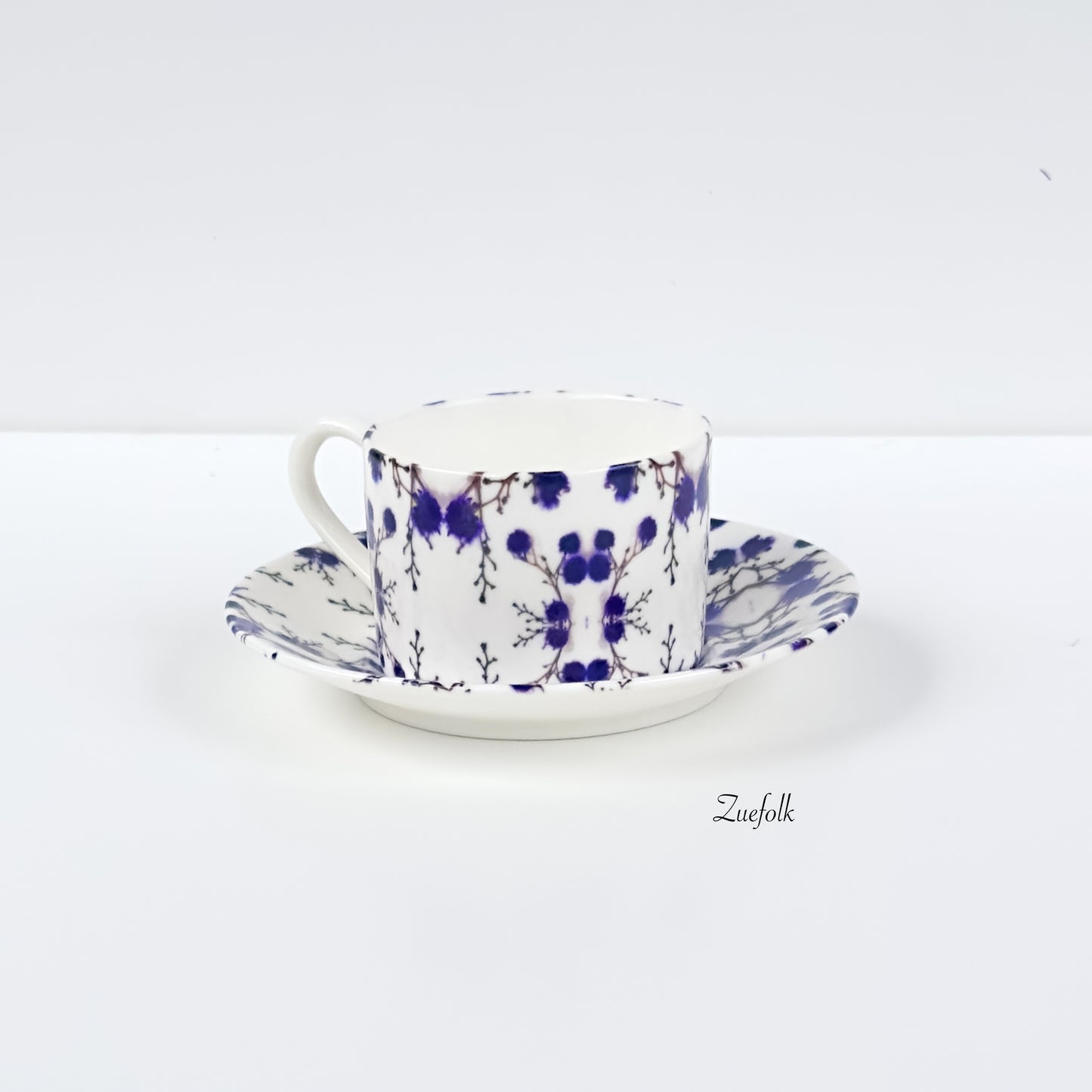 Evon Blue Siirlingia Coffee Cup and saucer Handmade Bone China 