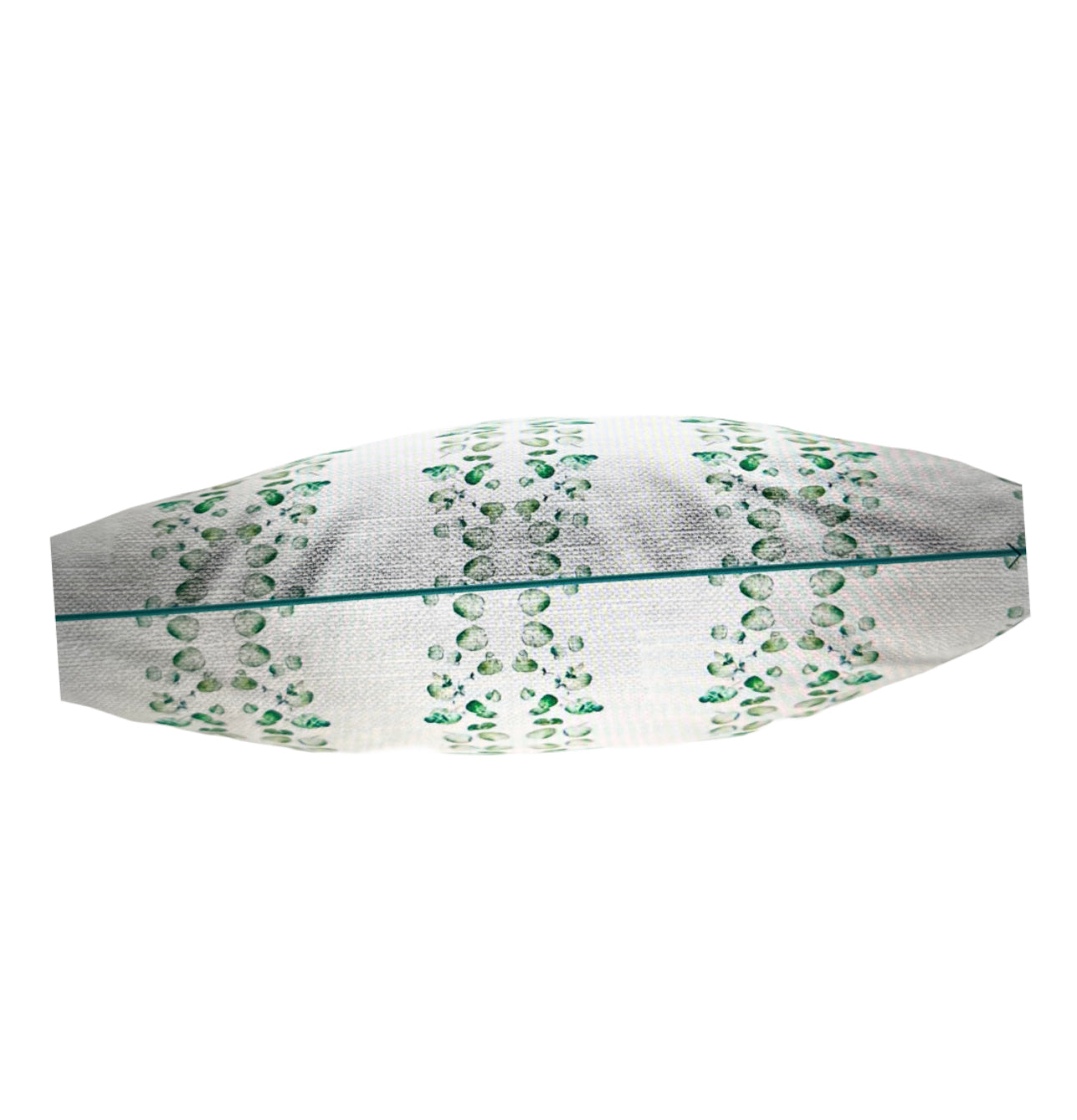 Green and white Gumleaf green cotton linen cushion. With green piping. Side view.