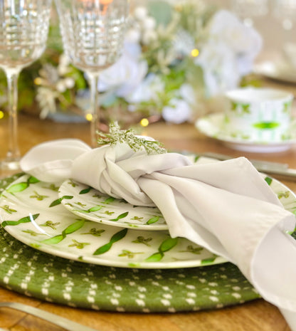  A beautiful , elegant Gum leaf Green table setting for two. Dinner plate , side plate,  Tea Cup and saucer . 