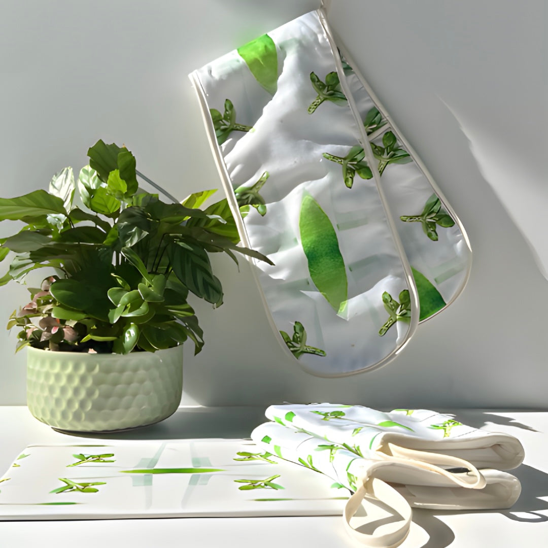 Gumleaf Green Double Oven Glove, styled with Oven mittens and Stonemax cutting board. 