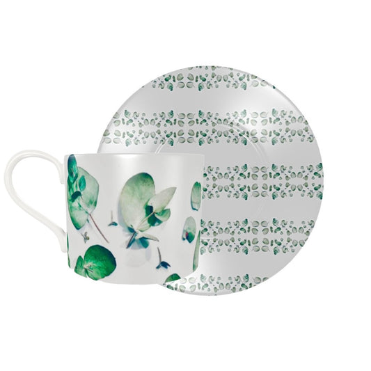 Eucalyptus Green Coffee Cup and saucer. Stunning leafy green and white bonechina