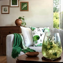 Eucalyptus Green Velvet Cushion and Cushion cover, vibrant, playful, yet luxurious. This cosy soft velvet piece will freshen and brighten up your furnishings. Styled with white cushion and green throw 