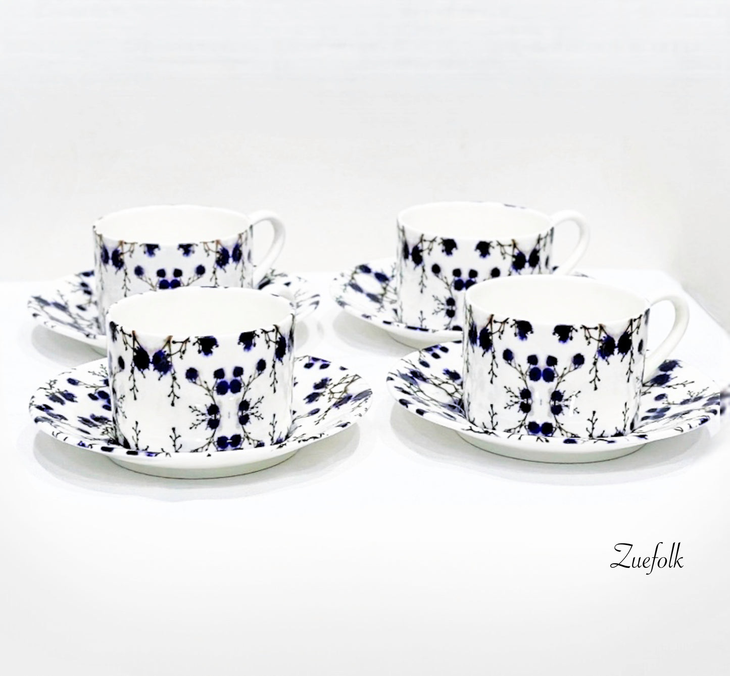 Evon Blue Siirlingia Coffee Cup and saucer Handmade Bone China ( Set Of 4)