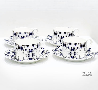 Evon Blue Siirlingia Coffee Cup and saucer Handmade Bone China ( Set Of 4)