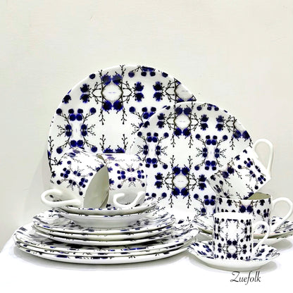 Evon Blue Stirlingia Coffee and Dining Handmade bone China. Blue and white dinner set