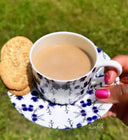 Evon-Blue_Stirlingia_Coffee_Cup and saucer handmade bonechina. electric blue and white ensemble. 