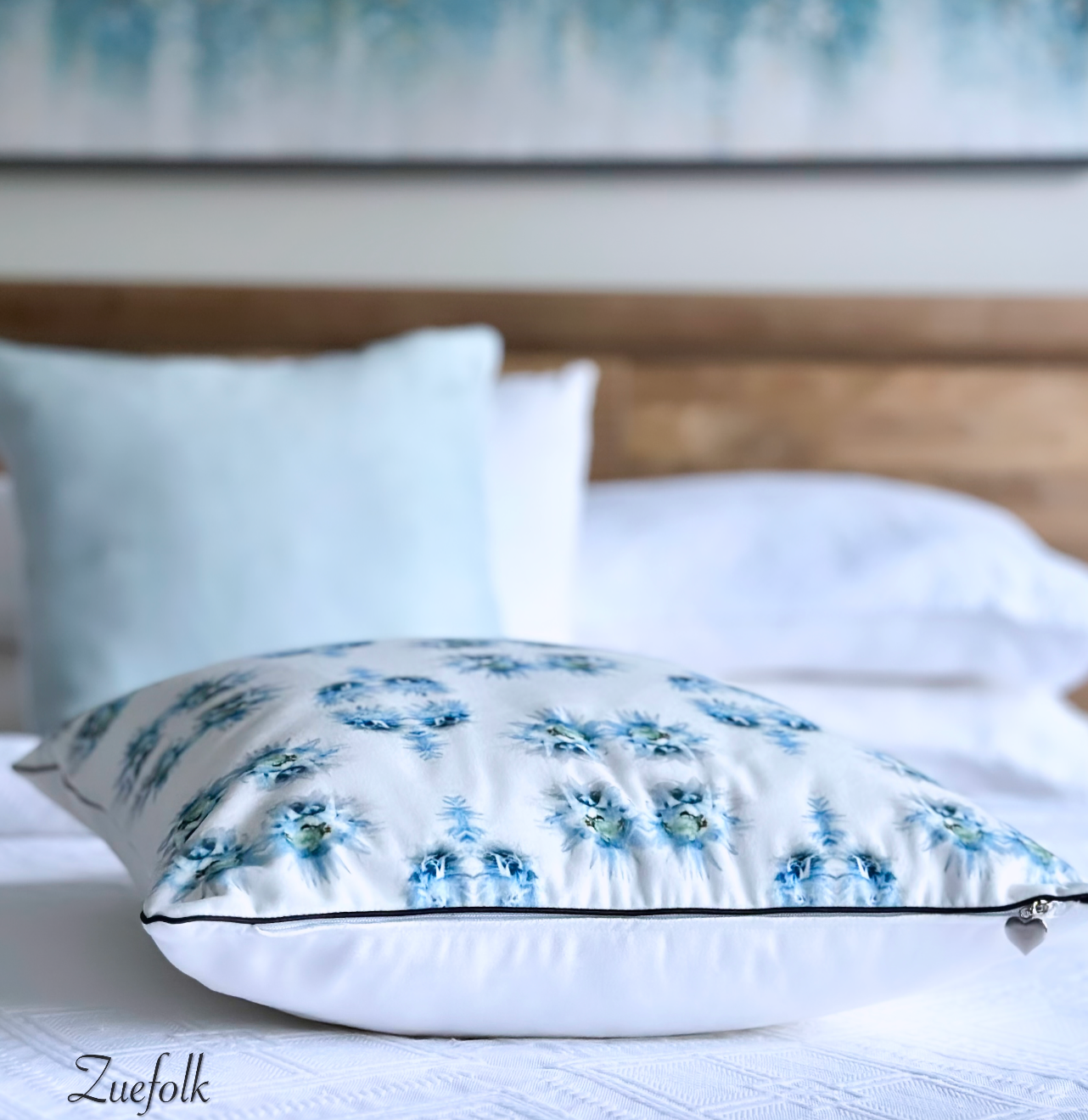 Evon Blue Velvet Cushion and Cushion Covers. A stunning and elegant, cushion and cushion cover design. We set this on a velvet canvas for a complete cozy, luxurious furnishing( side view)