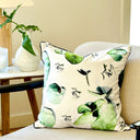 Green Eucalyptus velvet cushion Styled on a cream armchair. 