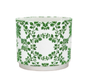 White fabric drum lampshade with  green leafy vine  pattern on a white background. 