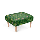Green forest footstool. Handmade with 100% poly velour, durable, Beech wood frame &amp; legs, 38 cm in height. front view.

