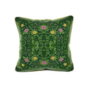 Green leafy patterned cushion  with yellow and pink flowers on green background 