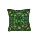 Green leafy patterned cushion with floral pattern on green  background