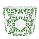 White drum lampshade with green leaf pattern on a white background. Front.